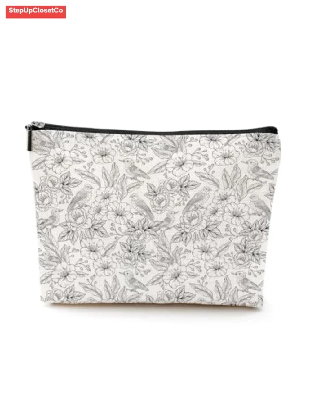 Boho Makeup Bag with Line Art Floral Bird - Cotton Linen Cosmetic Pouch